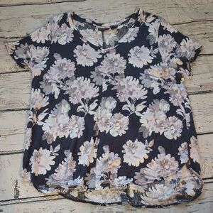 Tahari Black Gray Pink Floral Print Knit Linen Tee Shirt 1X